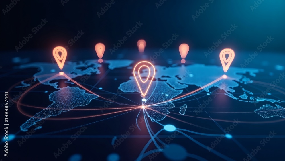 Poster a digital world map with glowing location markers and interconnected lines, illustrating global conn