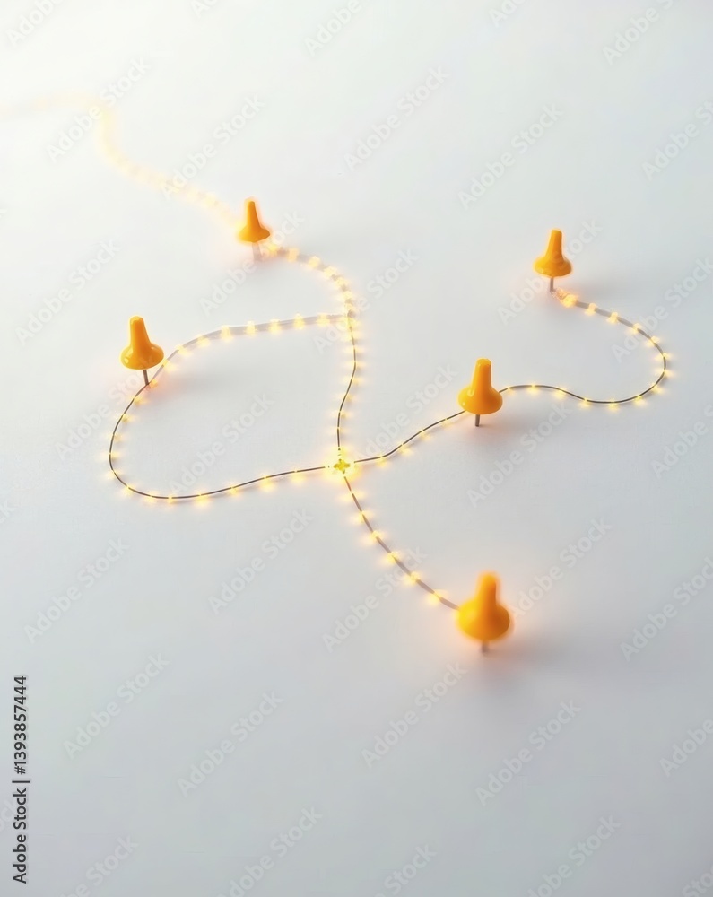 Poster a illuminated pathway with several yellow pushpins guiding the way, symbolizing a journey or a plan