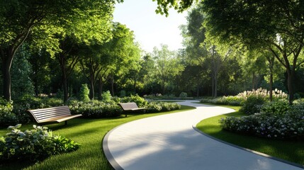 Fototapeta premium Serene Pathway Through Lush Green Trees and Flowering Plants