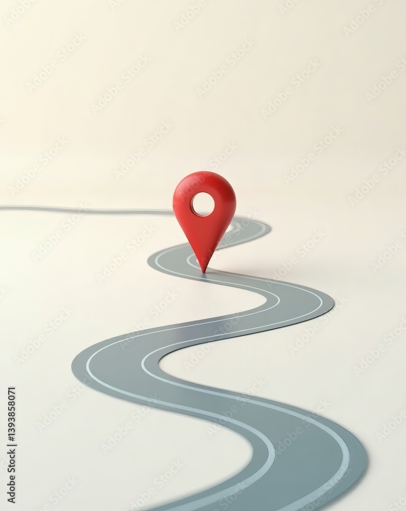 Poster a conceptual image of a road with a red location marker. A visualization of journey, and destinations