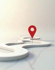 a winding road leads toward a destination, marked by a red pin