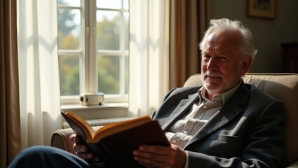 Fototapeta premium An elderly man sits comfortably, engrossed in a book by the window. A moment of quiet contemplation and peaceful reading, capturing a sense of warmth and wisdom
