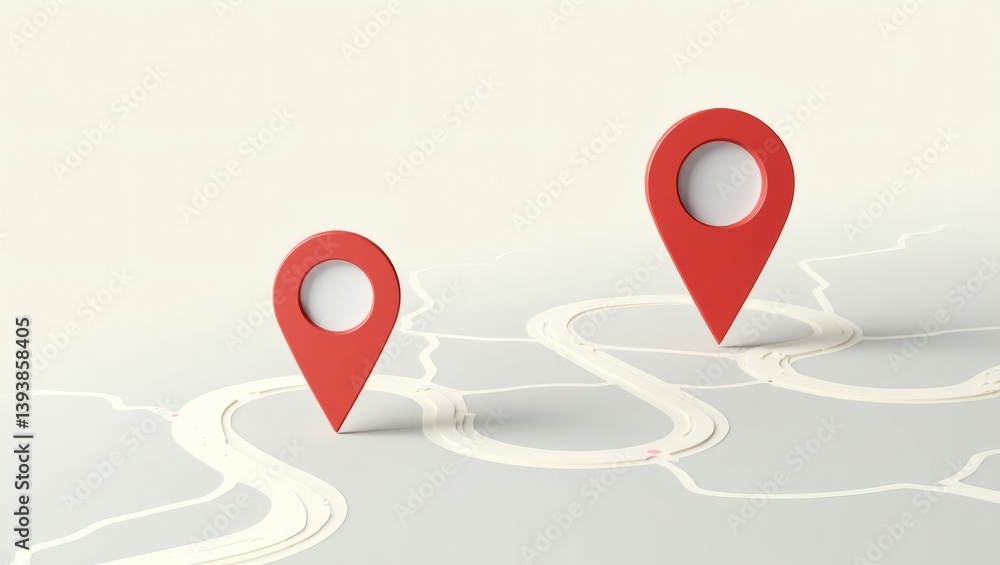 Poster two red location pins mark different points on a map, indicating travel and direction