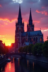 Fototapeta premium Vibrant sunset colors illuminate Metz Cathedral's spires , photography, twilight, detail