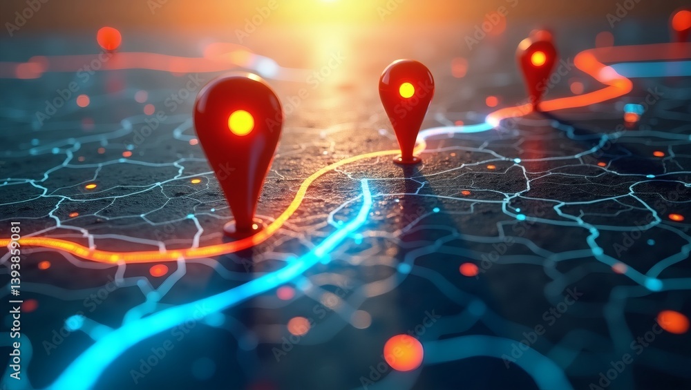 Poster a futuristic map with glowing location markers, charting an unknown destination