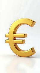Obraz premium 3D rendering of a gold Euro (€) symbol with a reflective metallic finish. Angled for a bold look, set against a white background with soft lighting and subtle shadows.