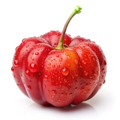 A single ripe acerola cherry covered in water droplets on a white background showing its vibrant red color and unique texture