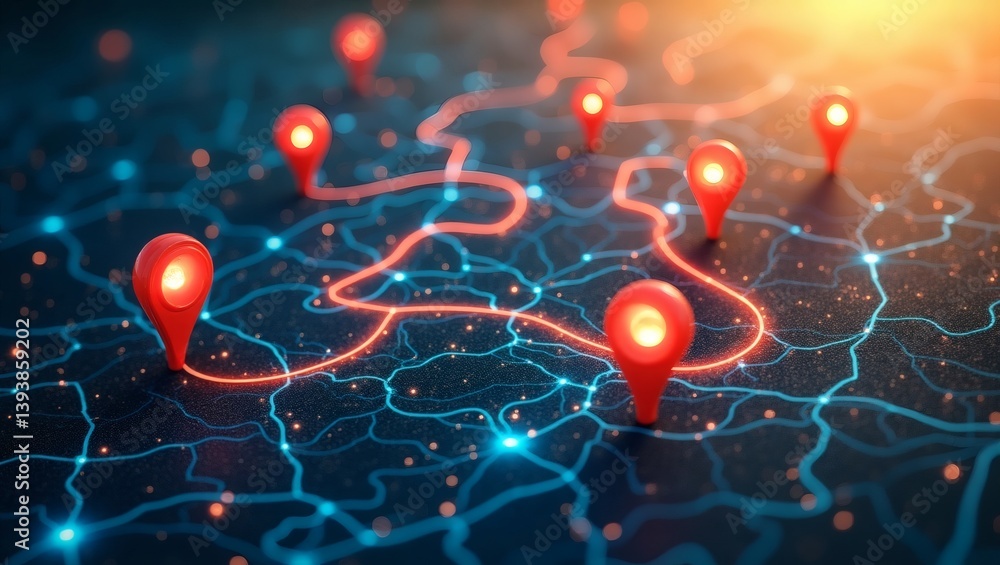 Poster a map shows multiple pin markers connected by glowing lines, signifying strategic paths or destinati
