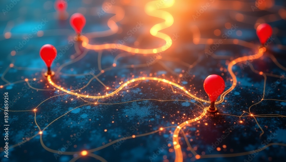 Poster a map with route markers and glowing paths, symbolizing a journey or location