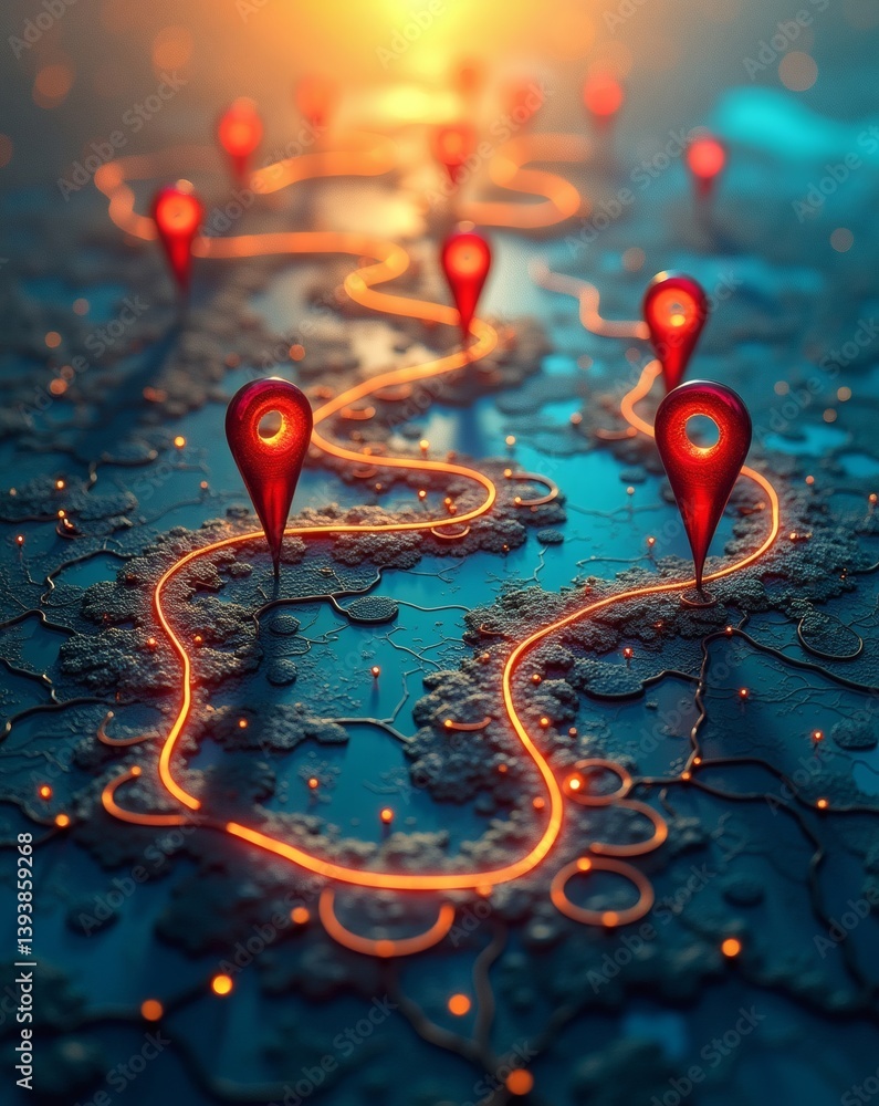 Poster A mesmerizing overhead view of a glowing route with location markers. A network of glowing lines represents a journey with pins signifying destinations.