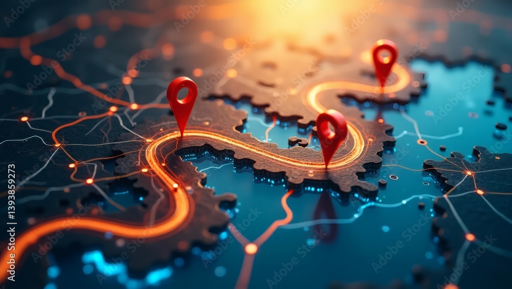 Poster a detailed map with pins marking a strategic route for planning and journey. the map depicts intrica