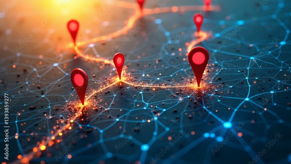 Aufkleber An illustration of a navigation path with location markers. A network of interconnected lines and glowing dots with markers indicating points