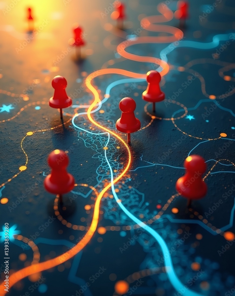 Poster a detailed map with vibrant pins marking various destinations, symbolizing exploration and the journ
