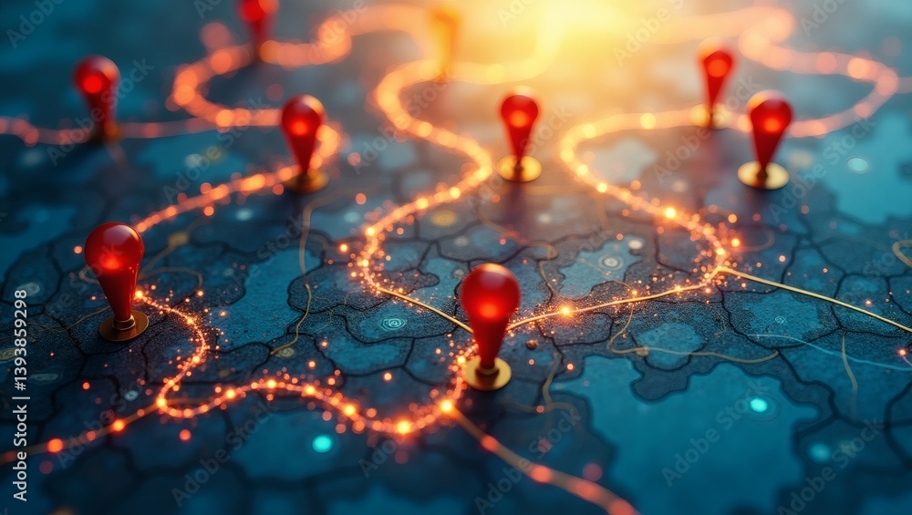 Poster an eye-level, close-up shot of a detailed map illuminated with glowing lines and location markers, i