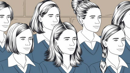 Obraz premium Flat Art Illustration of Women with Various Hairstyles Wearing Blue Uniforms Against Beige Background