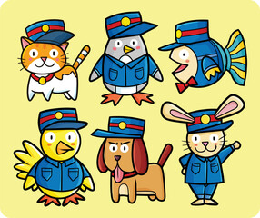 Cute and funny animals officer cartoon character set.