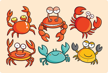 Funny crab character with many expression cartoon set