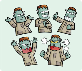 Funny half body Frankenstein cartoon illustration set