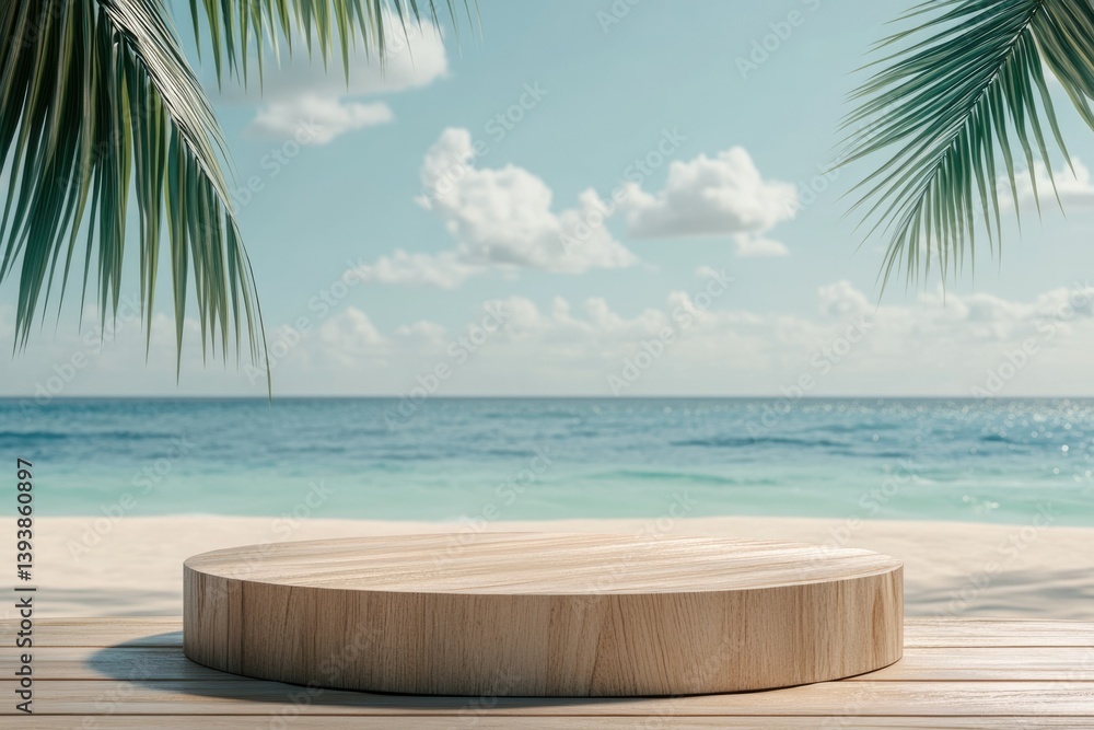 Poster wooden display platform on a tropical beach with palm trees and ocean view.