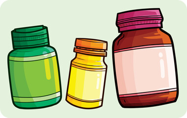 Funny three medicine bottles cartoon illustration set