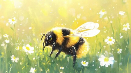 Bumblebee Flying Over Meadow with White Flowers in Sunlight