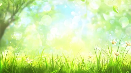 Obraz premium Spring green grass with soft blurred background, natural bokeh effect creating a serene and peaceful atmosphere for a fresh, vibrant outdoor scene.