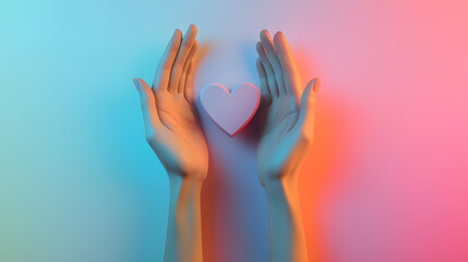 Hands of Love: A tender portrayal of two hands cradling a delicate pink heart, illuminated by a soft, ethereal glow. Capturing the essence of affection, care, and compassion.