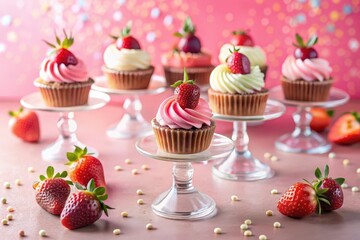 Delicious strawberry cupcakes on glass stands, adorned with fresh berries and pastel frosting, creating a delightful sweet treat scene
