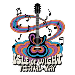 Retro 70s Music Badge with Guitar and Swirls
