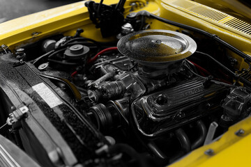 Obraz premium Close-up of yellow vintage muscle car engine bay