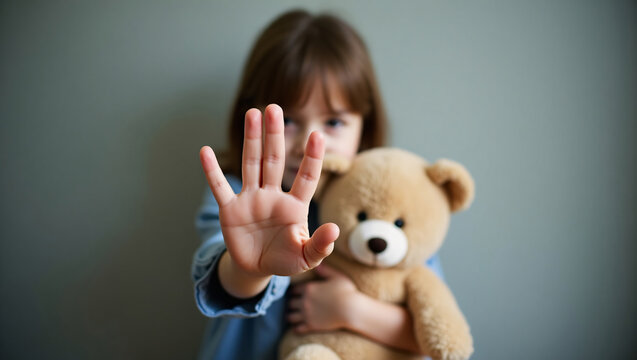 A young girl with a serious expression, holding a teddy bear and putting her hand up to stop something. This image raises awareness on child abuse and protection.