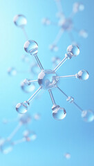 Abstract molecules in a bright blue background, representing science and innovation. The image showcases the intricate structure of molecules with a focus on innovation and scientific exploration. 