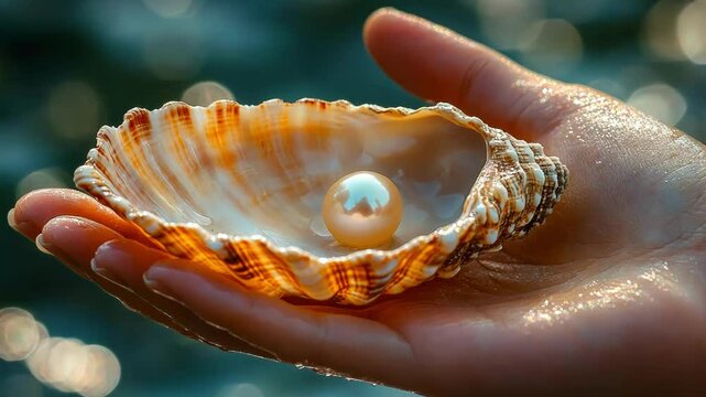 A hand holding a shimmering shell with a beautiful pearl inside.