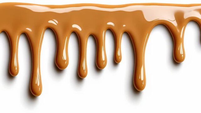 Close-up of smooth, dripping caramel sauce on a white surface.