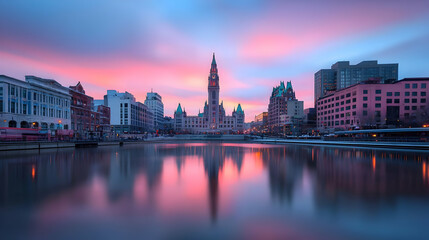 Pink and Purple City Skyline Sunset Reflection