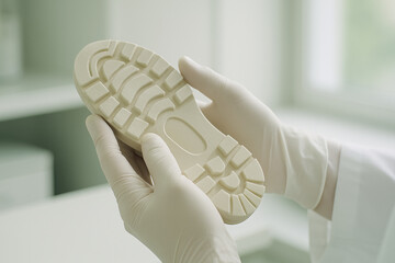 Gloved hands inspecting shoe sole mold for precision in manufacturing environment