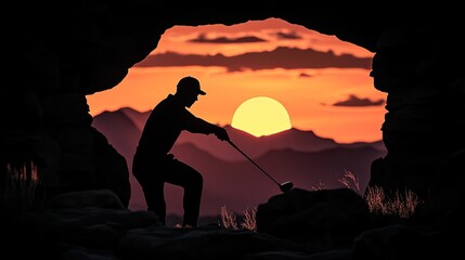 Obraz premium Silhouette of golfer at sunset through a rock arch