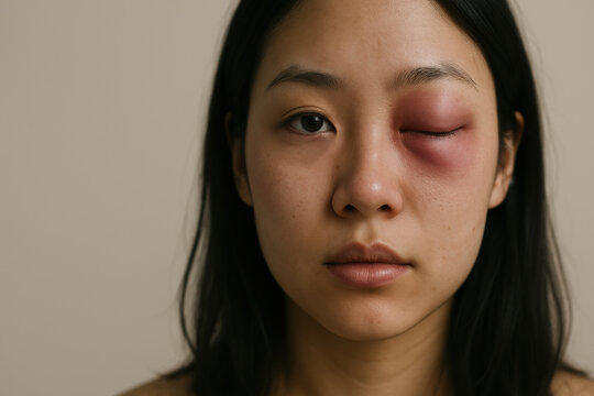 Woman with swollen eye and bruising on face displaying injury recovery