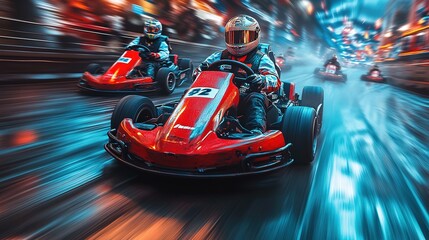Exciting Go-Kart Race with Dynamic Motion Blur and Blurred Spectator Crowd