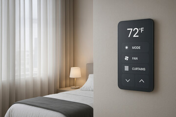 Modern hotel room with digital climate control panel displaying temperature and mode options