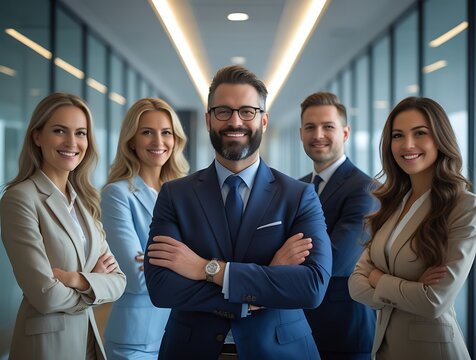 Group of successful executives in formal attire posing in a sleek corporate hallway, representing teamwork, confidence, business strategy, and modern corporate culture

