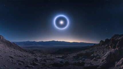 Mysterious bright star with glowing blue halo ring above dark alien rocky landscape