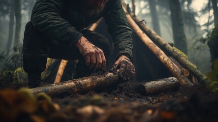 A rugged survivalist builds a shelter in the wilderness, hands dirty, using logs and natural materials, as misty morning light filters through dense trees.