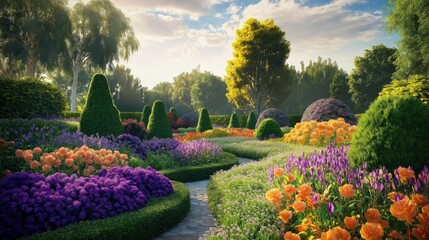 Obraz premium A meticulously landscaped garden with topiary trees in rounded shapes, vibrant flowers in purples, pinks, oranges, and yellows, and a mix of green shrubs and bushes
