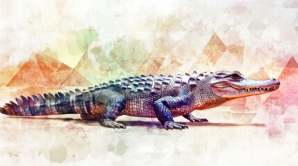 Fototapeta premium Alligator Walking on Grungy Surface with Geometric Background Texture