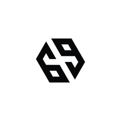 Number 69 hexagon, unique geometric symbol simple logo vector