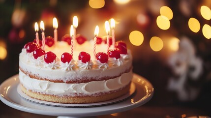 Layered celebration cake with glowing candles, warmth and joy in soft light