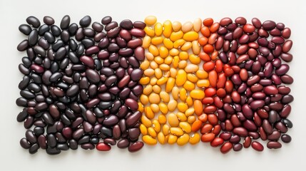 Colorful Arrangement of Various Beans in a Creative Pattern on a Light Background