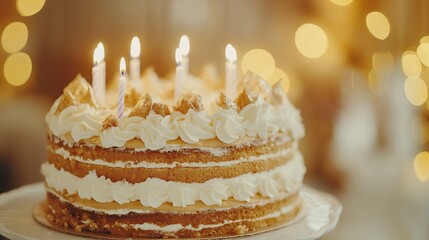 Layered celebration cake with glowing candles, warmth and joy in soft light