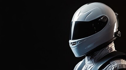 Fototapeta premium Professional Racing Driver White Helmet Dark Background Studio Shot Motorsport Extreme Sport Speed Competition Championship Victory Success Adrenaline